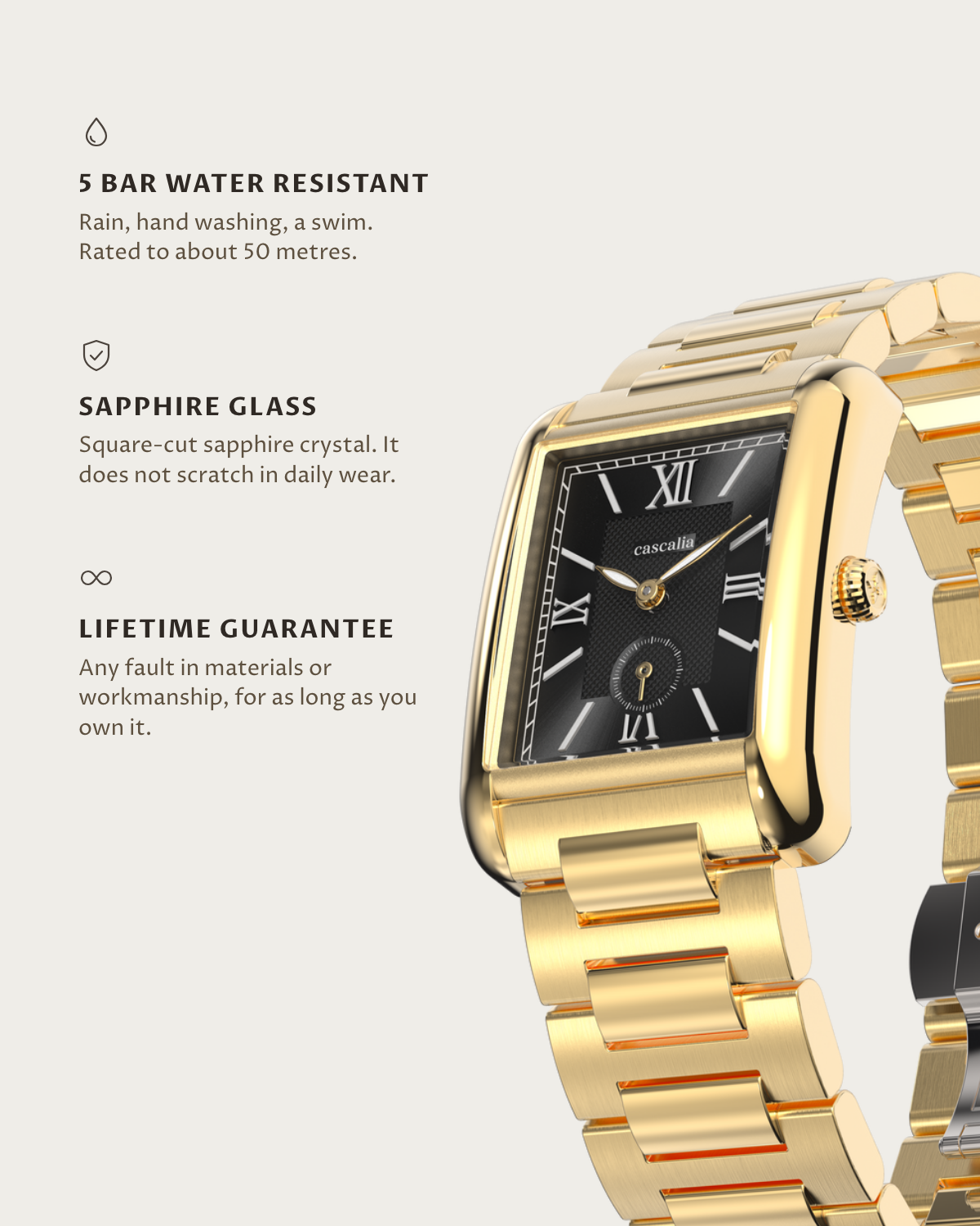 Arco Gold Black: 5 bar water resistant, sapphire glass, lifetime guarantee
