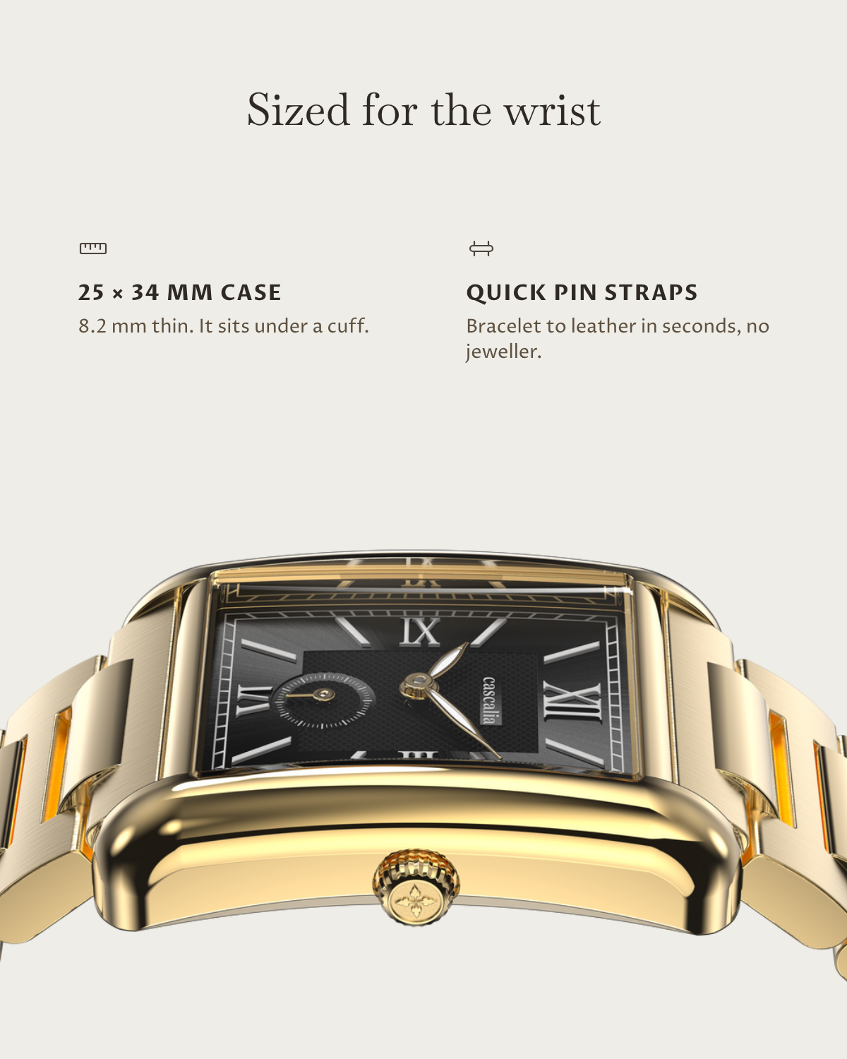 Arco Gold Black: 25 × 34 mm case, 8.2 mm thick
