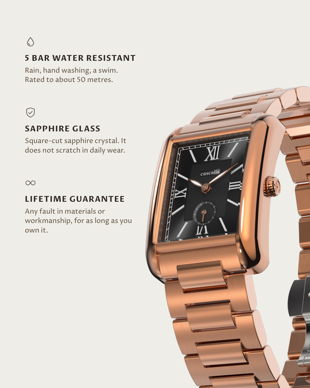 Arco Rosegold Black: 5 bar water resistant, sapphire glass, lifetime guarantee