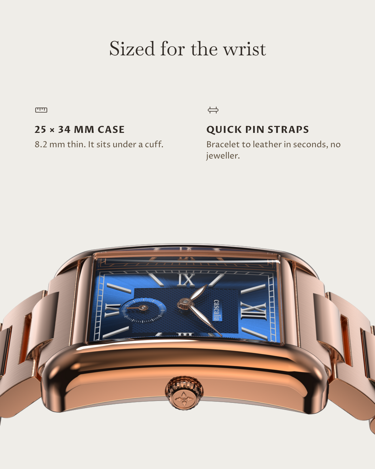 Arco Rosegold Blue: 25 × 34 mm case, 8.2 mm thick