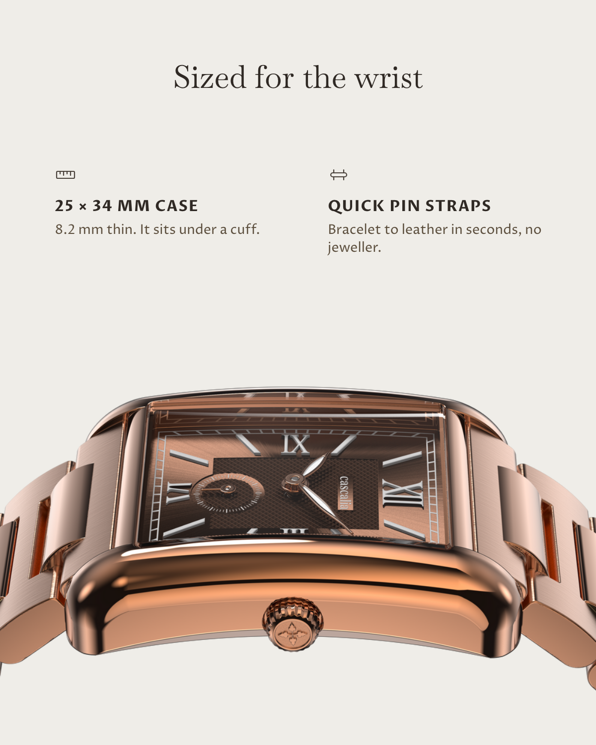 Arco Rosegold Brown: 25 × 34 mm case, 8.2 mm thick