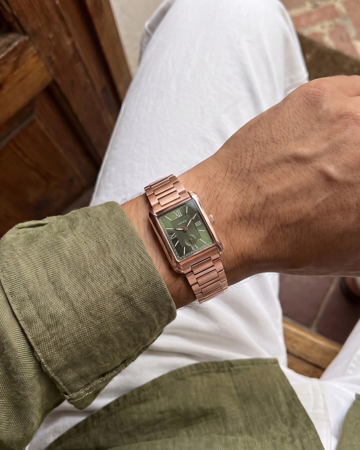 Arco Rosegold Green on the wrist