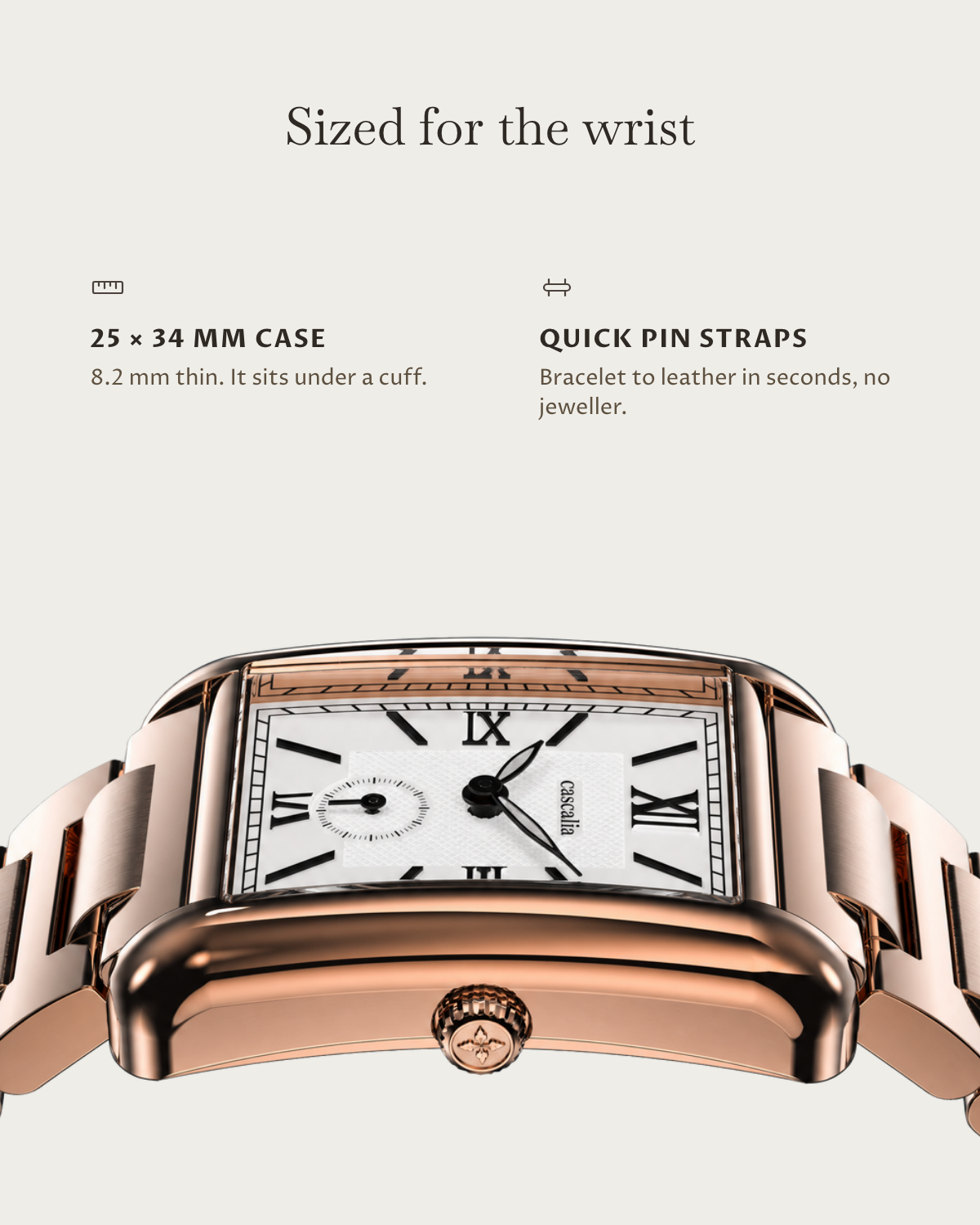 Arco Rosegold: 25 × 34 mm case, 8.2 mm thick