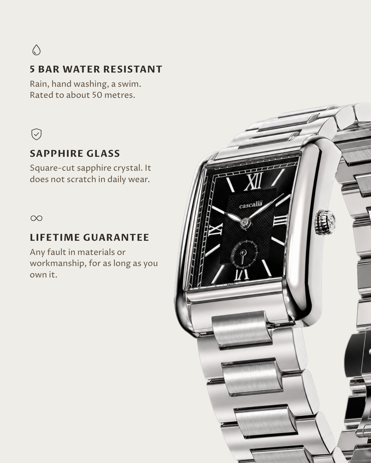 Arco Steel Black: 5 bar water resistant, sapphire glass, lifetime guarantee