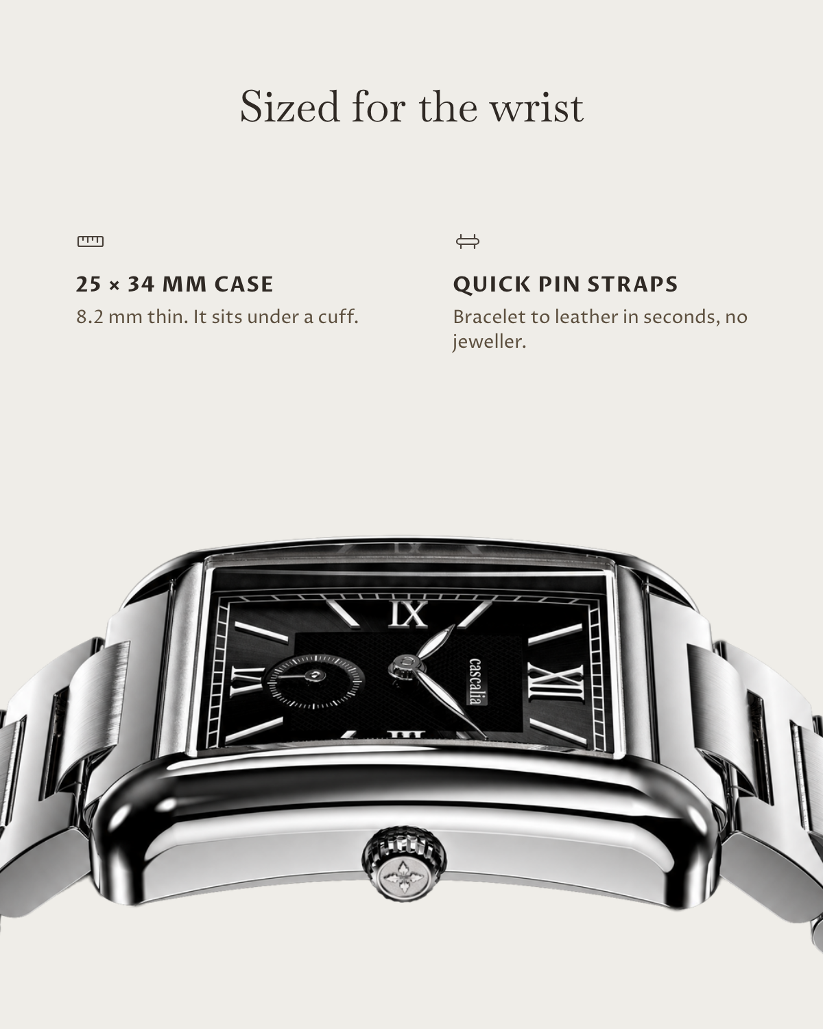 Arco Steel Black: 25 × 34 mm case, 8.2 mm thick