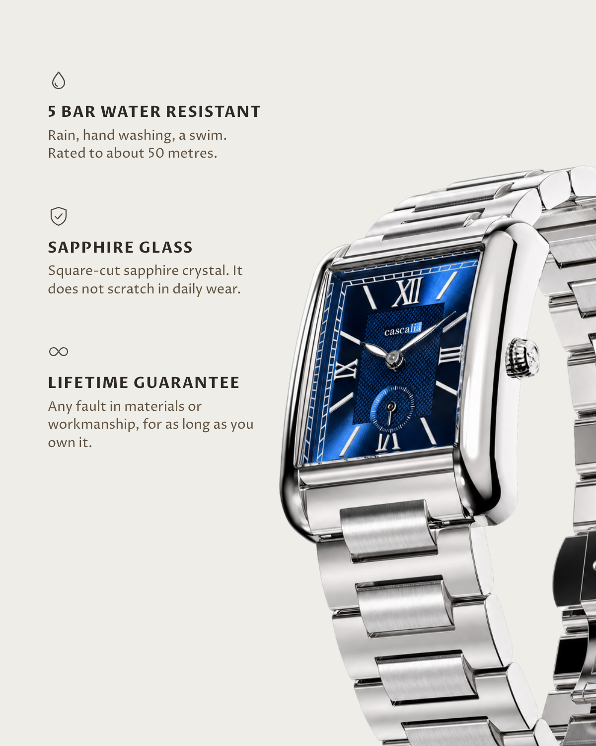 Arco Steel Blue: 5 bar water resistant, sapphire glass, lifetime guarantee