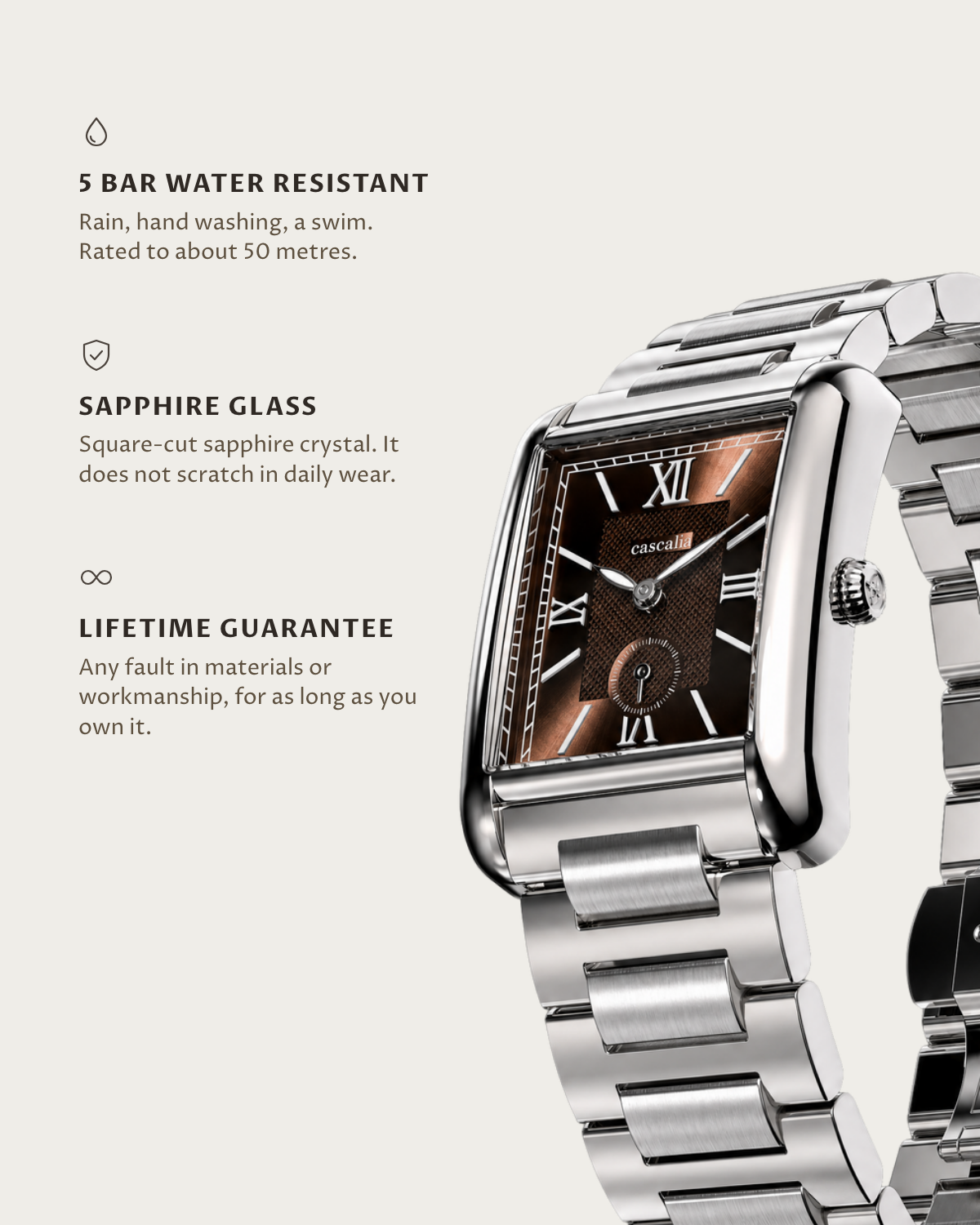 Arco Steel Brown: 5 bar water resistant, sapphire glass, lifetime guarantee