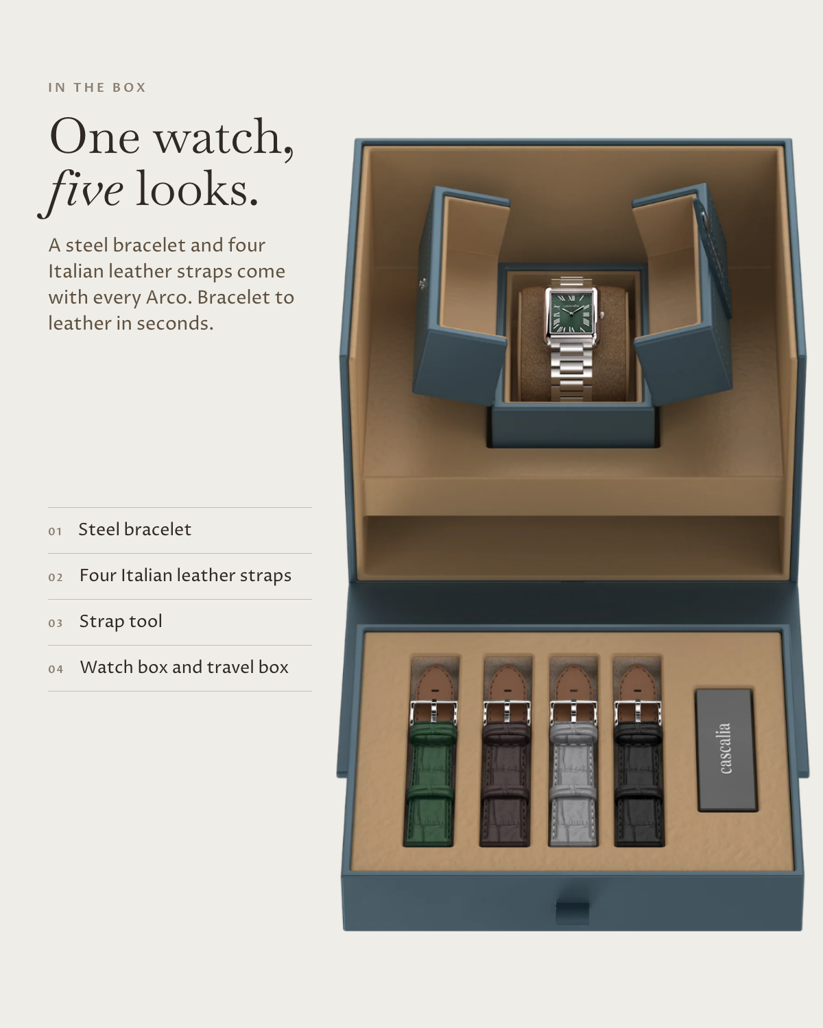 Arco Steel Green in the box: steel bracelet, four Italian leather straps, watch box and travel box