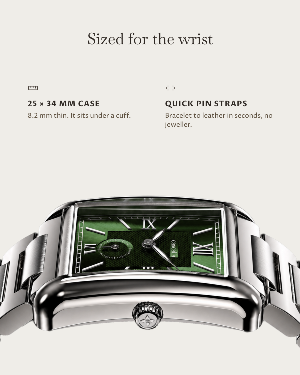 Arco Steel Green: 25 × 34 mm case, 8.2 mm thick