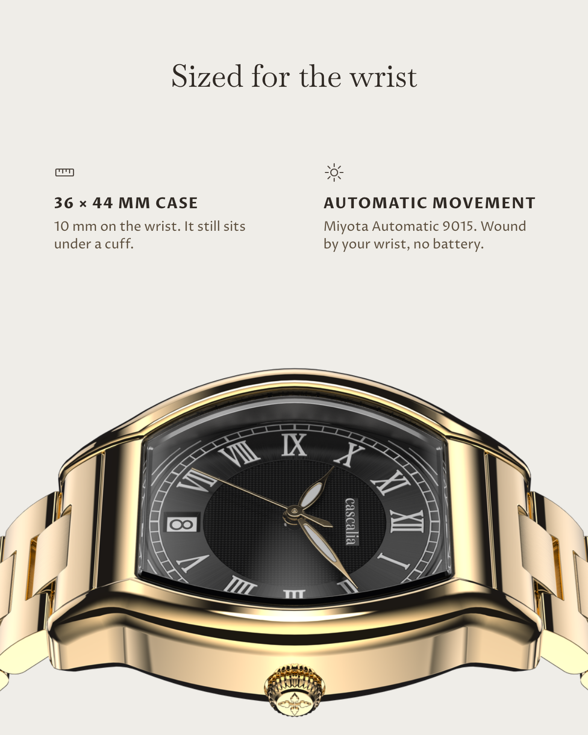 Caratello Gold Automatic Black: 36 × 44 mm case, 10 mm thick