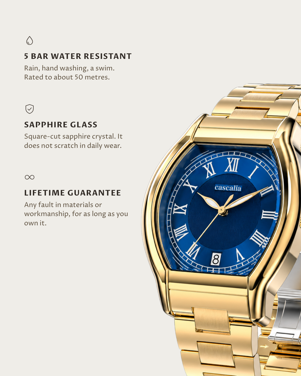 Caratello Gold Automatic Blue: 5 bar water resistant, sapphire glass, lifetime guarantee