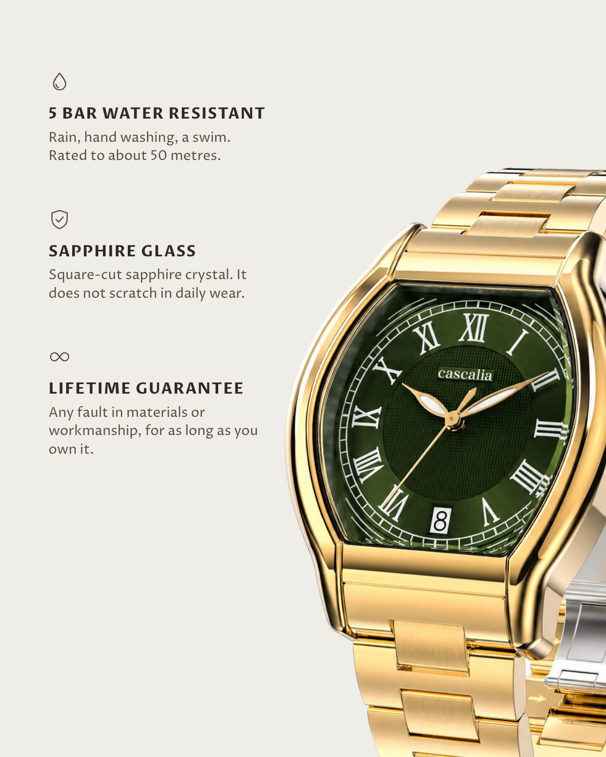 Caratello Gold Automatic Green: 5 bar water resistant, sapphire glass, lifetime guarantee