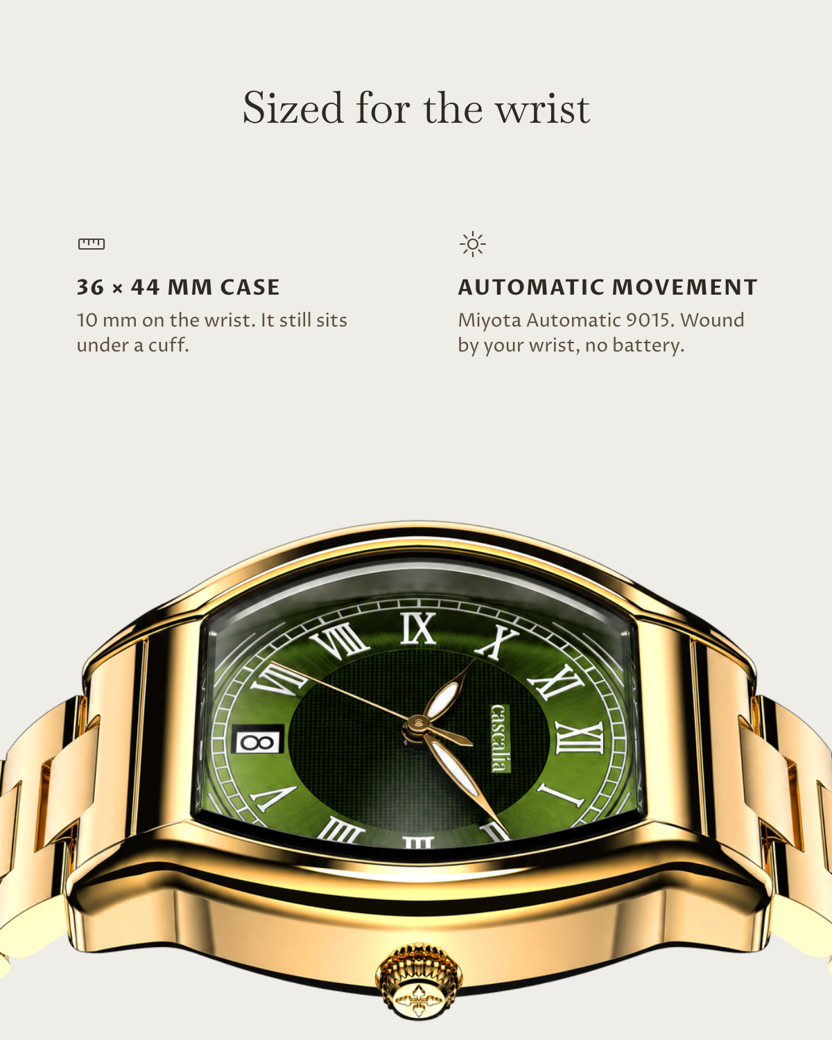 Caratello Gold Automatic Green: 36 × 44 mm case, 10 mm thick