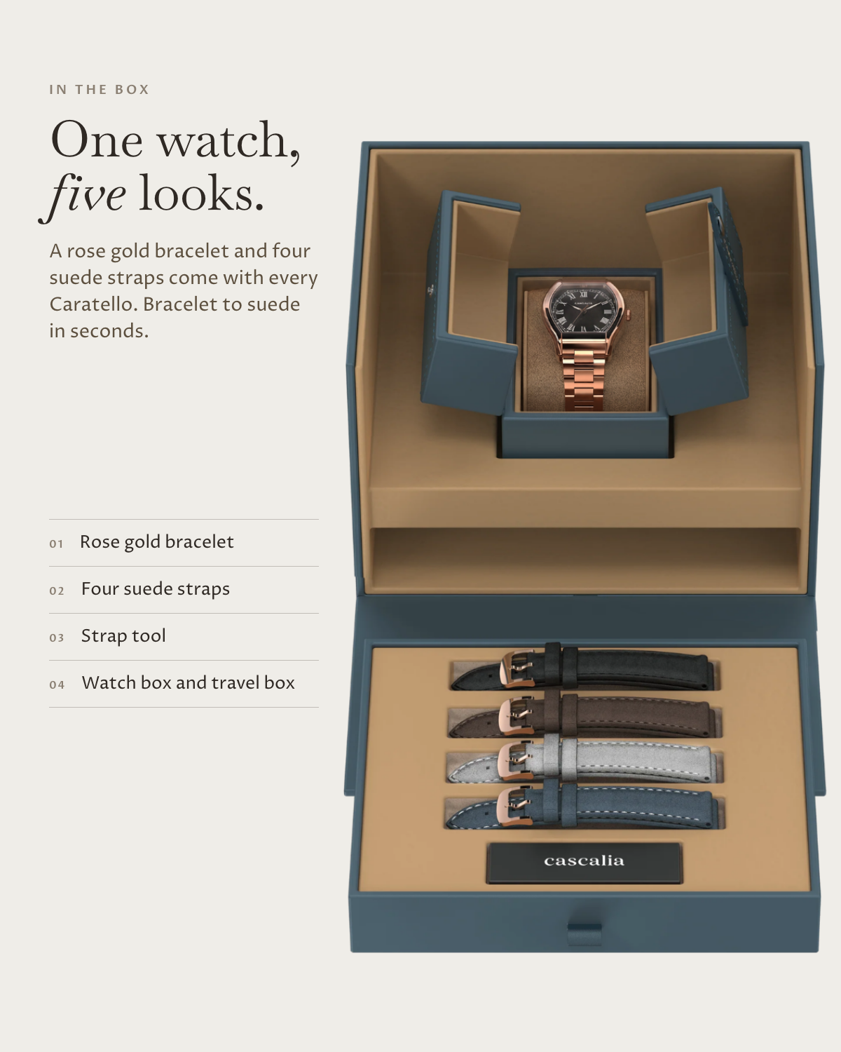 Caratello Rosegold Automatic Black in the box: rose gold bracelet, four suede straps, watch box and travel box
