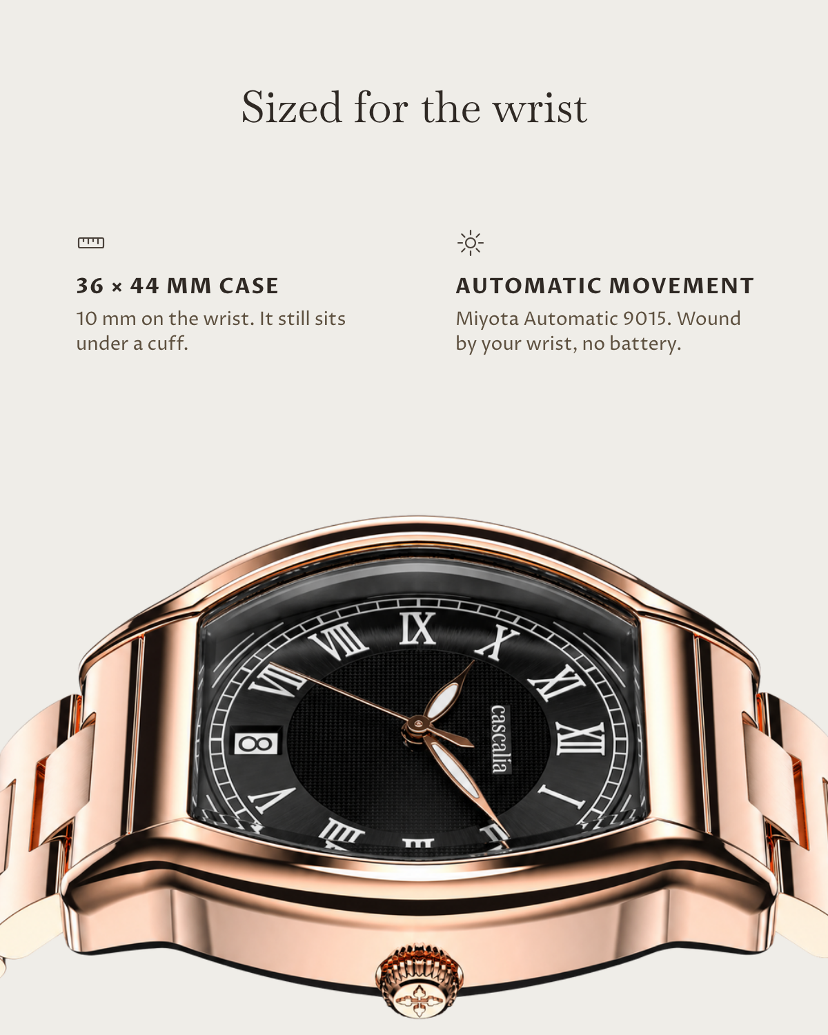 Caratello Rosegold Automatic Black: 36 × 44 mm case, 10 mm thick