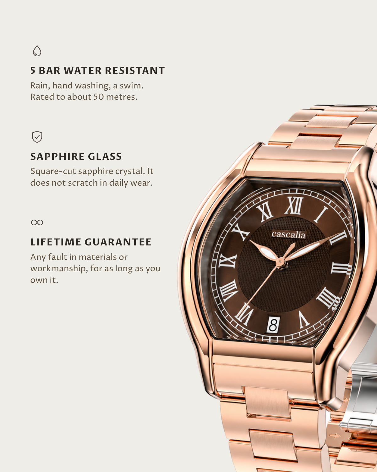 Caratello Rosegold Automatic Brown: 5 bar water resistant, sapphire glass, lifetime guarantee