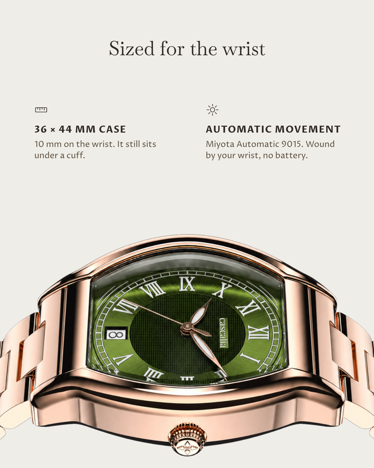 Caratello Rosegold Automatic Green: 36 × 44 mm case, 10 mm thick