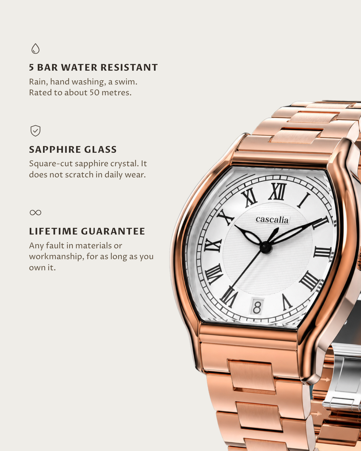 Caratello Rosegold Quartz: 5 bar water resistant, sapphire glass, lifetime guarantee