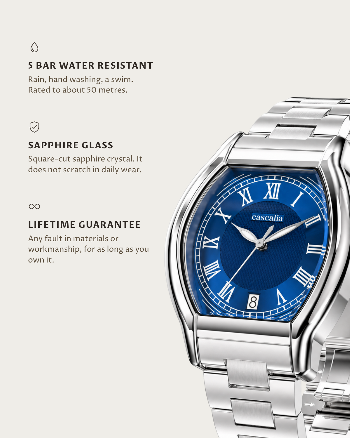 Caratello Steel Automatic Blue: 5 bar water resistant, sapphire glass, lifetime guarantee