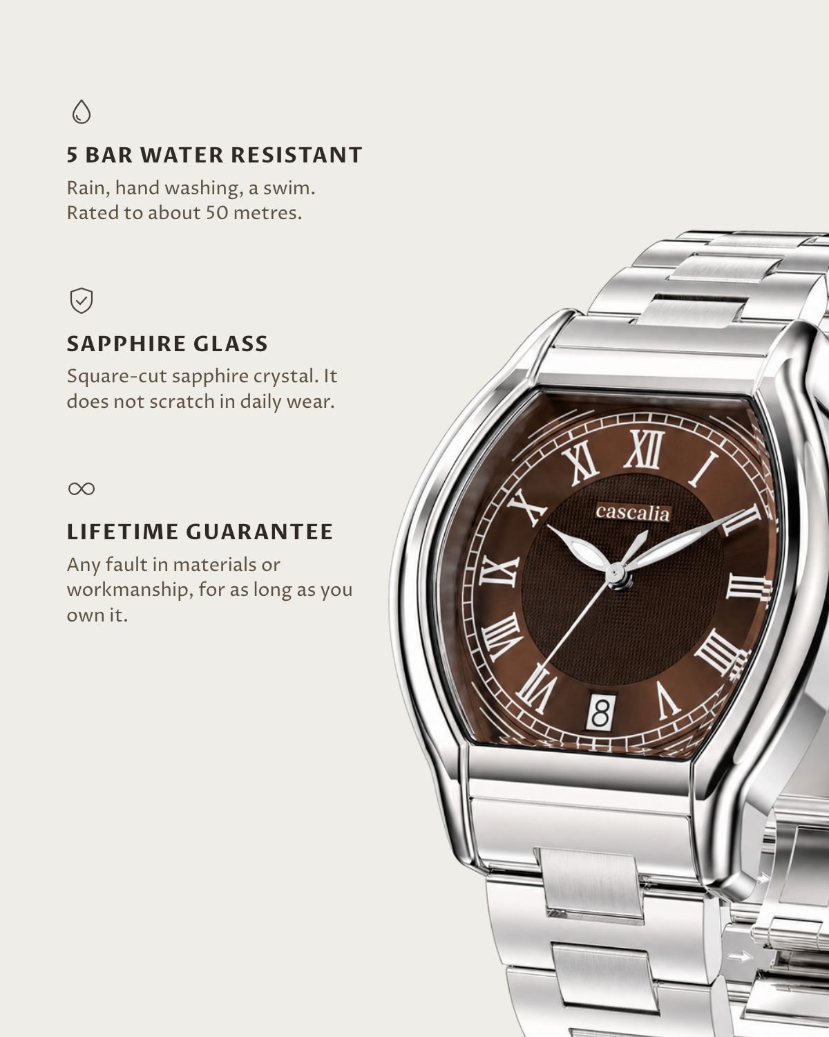 Caratello Steel Automatic Brown: 5 bar water resistant, sapphire glass, lifetime guarantee