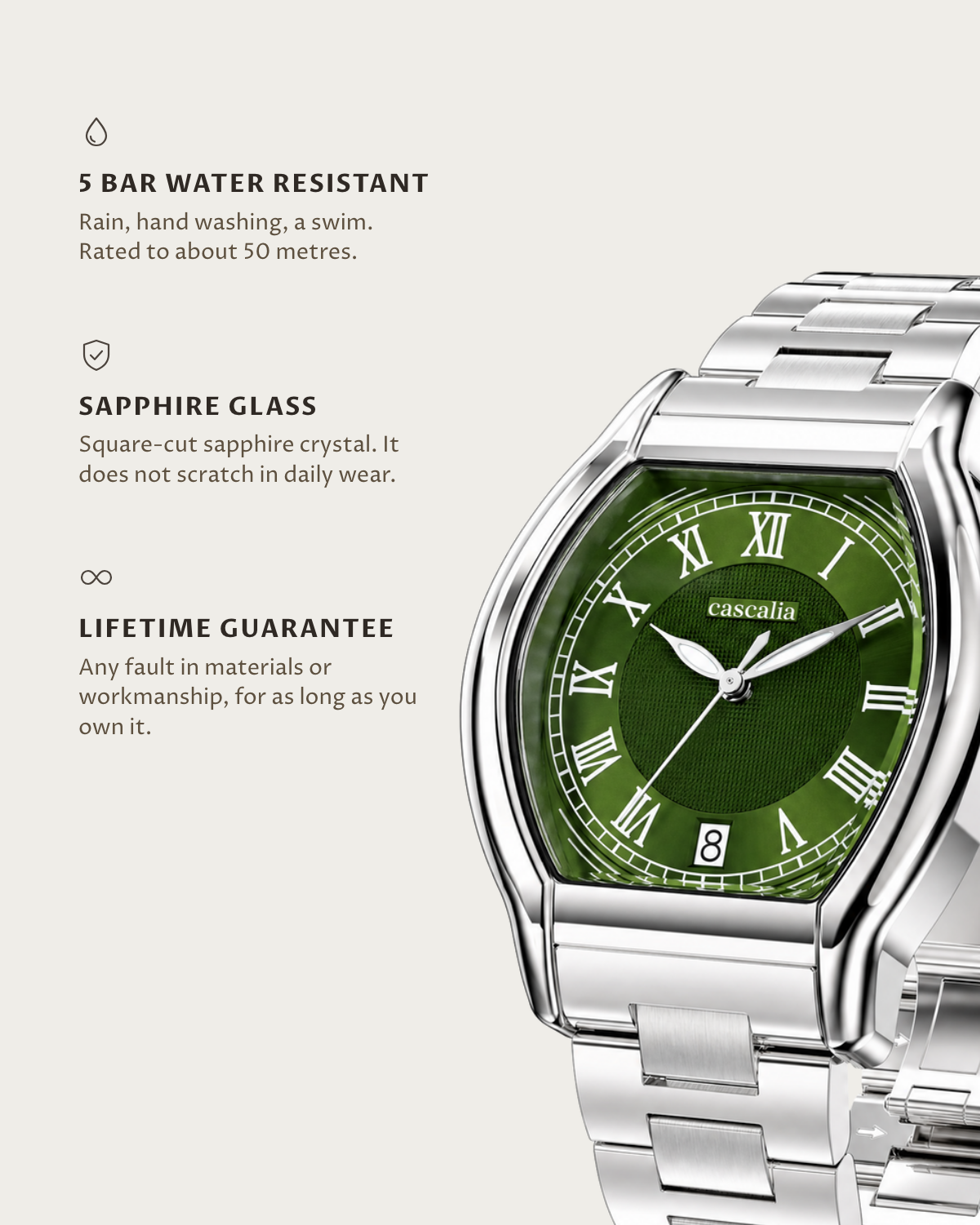 Caratello Steel Automatic Green: 5 bar water resistant, sapphire glass, lifetime guarantee
