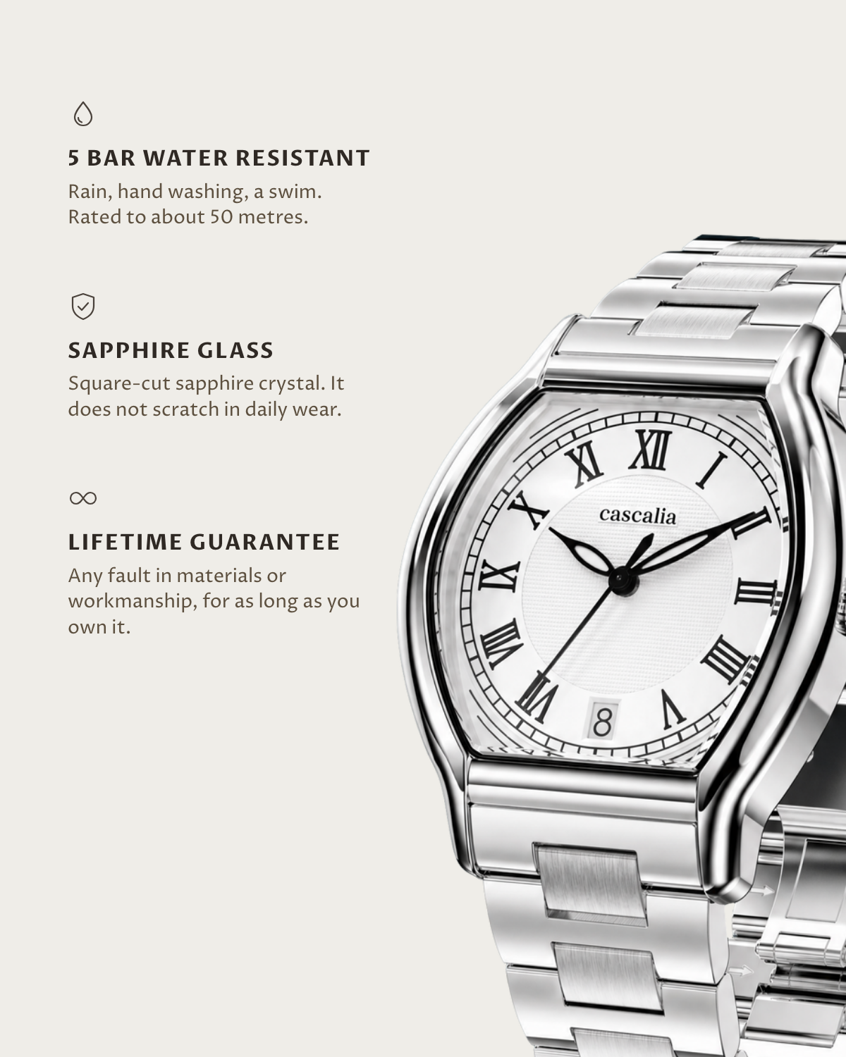 Caratello Steel Quartz: 5 bar water resistant, sapphire glass, lifetime guarantee