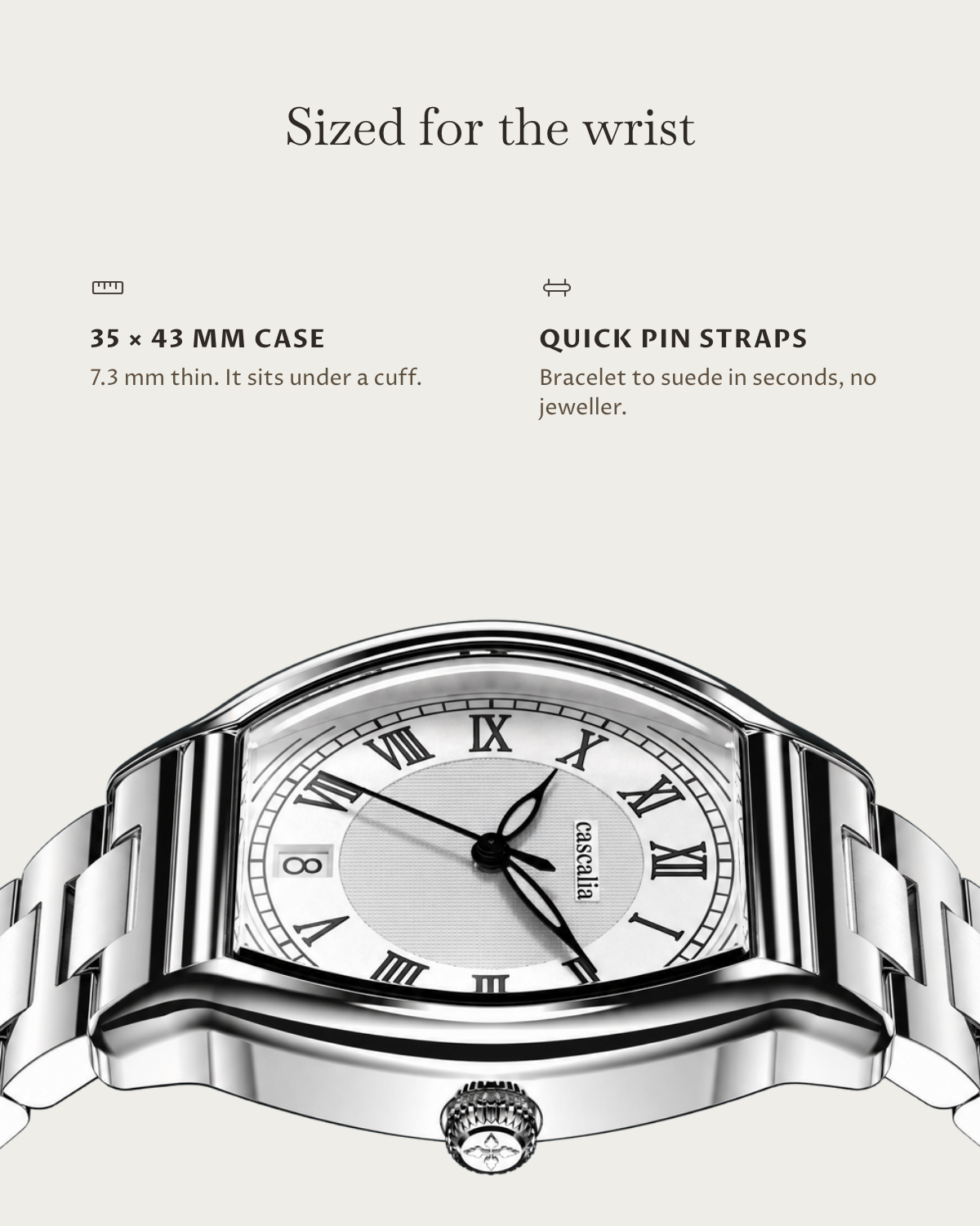 Caratello Steel Quartz: 35 × 43 mm case, 7.3 mm thick