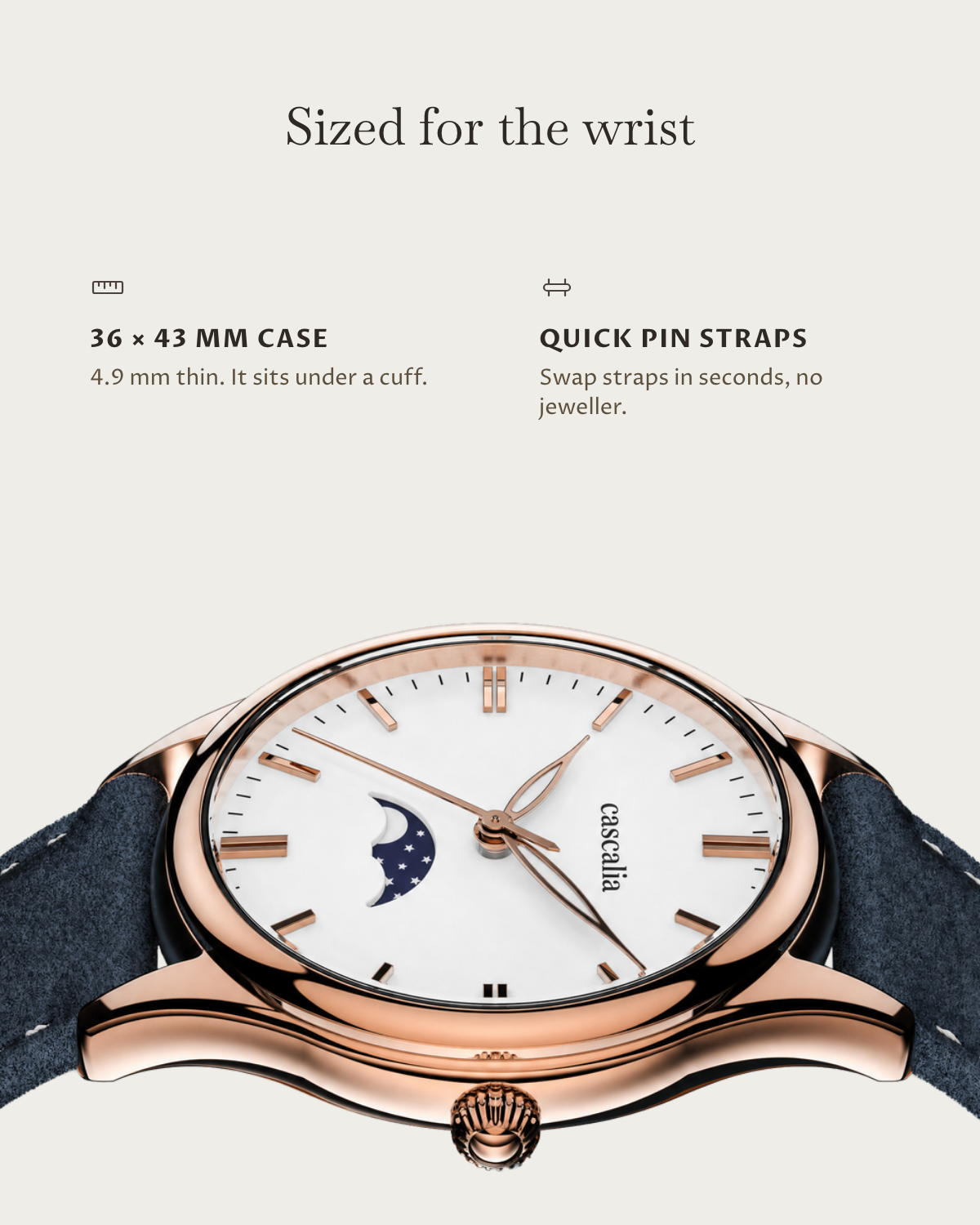 Cena Rosegold: 36 × 43 mm case, 4.9 mm thick