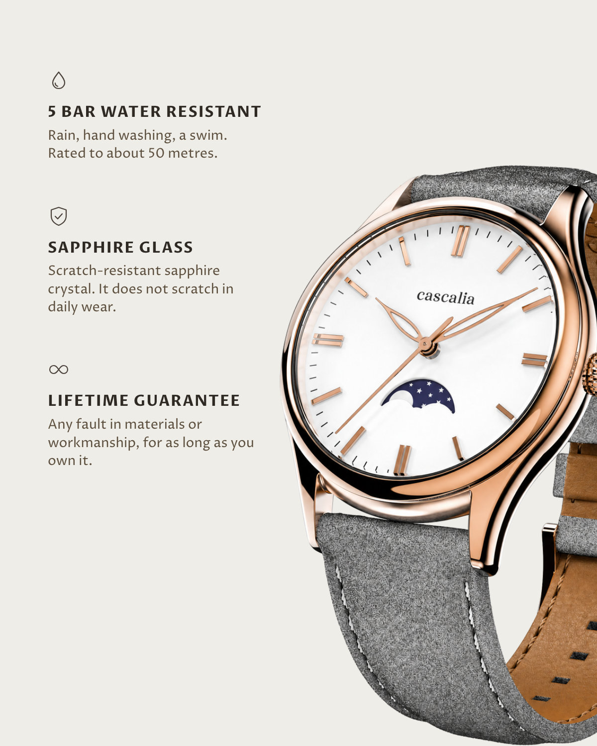 Cena Rosegold: 5 bar water resistant, sapphire glass, lifetime guarantee