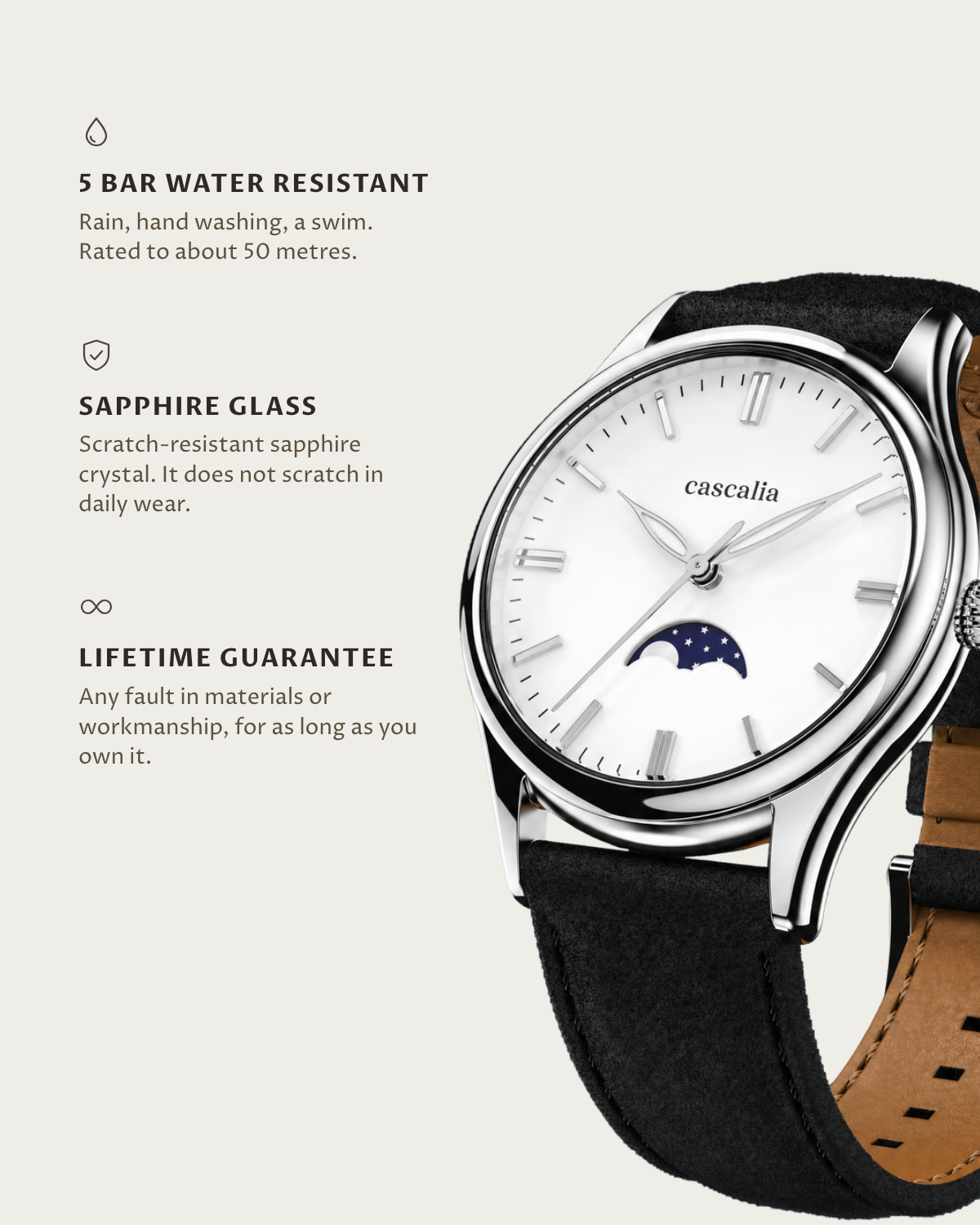 Cena Steel: 5 bar water resistant, sapphire glass, lifetime guarantee