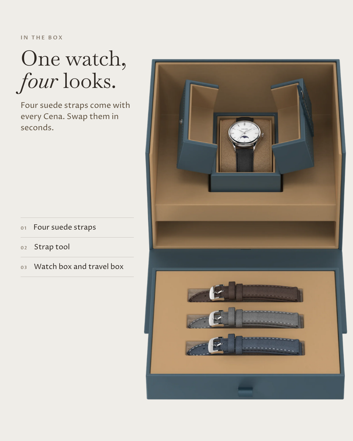 Cena Steel in the box: four suede straps, watch box and travel box