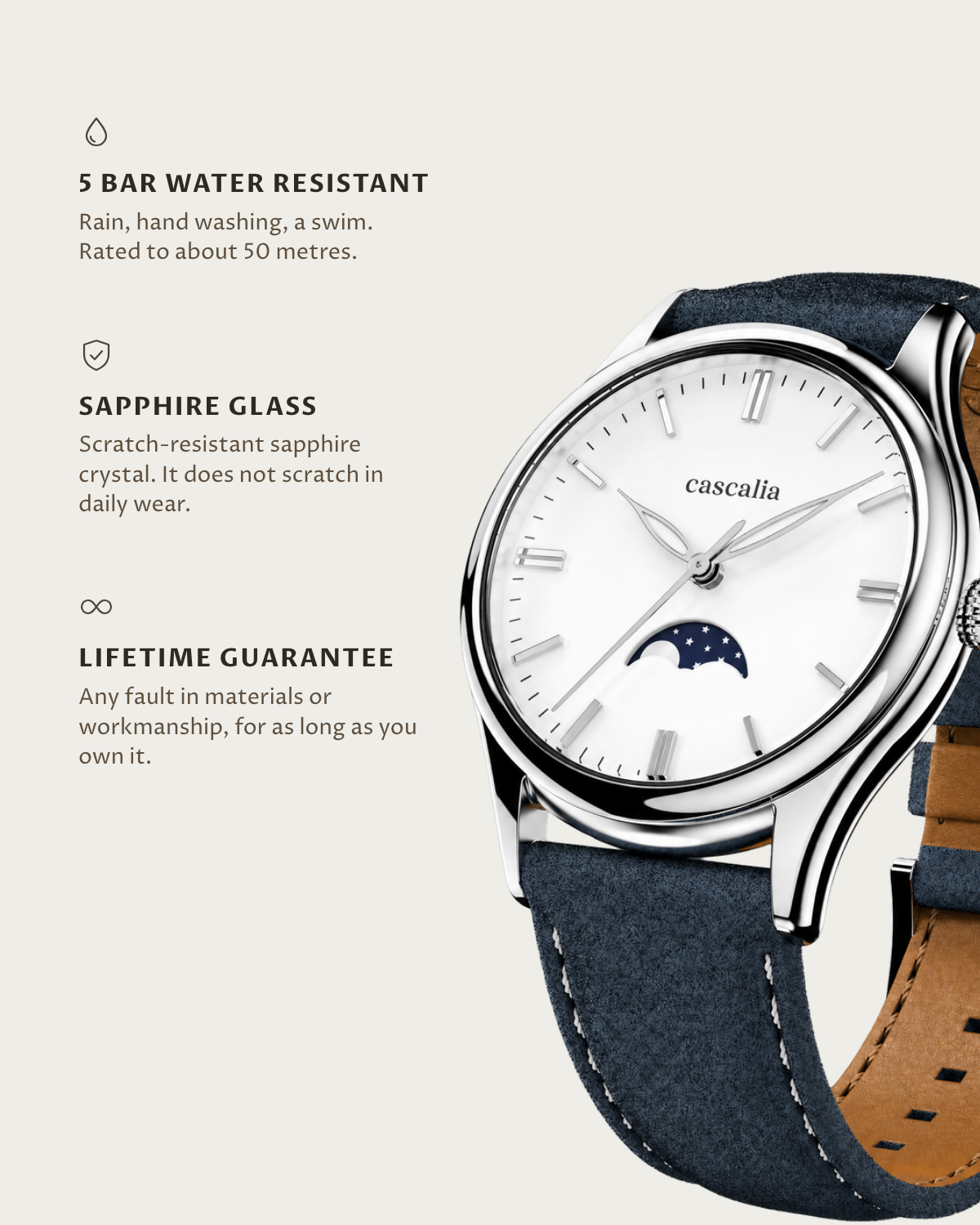 Cena Steel: 5 bar water resistant, sapphire glass, lifetime guarantee
