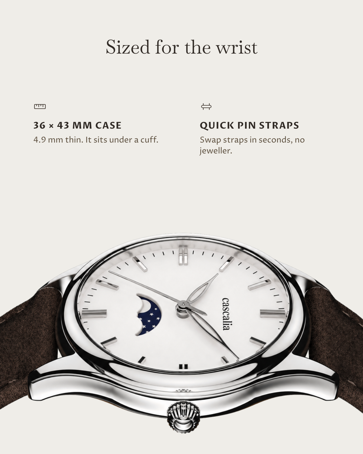 Cena Steel: 36 × 43 mm case, 4.9 mm thick