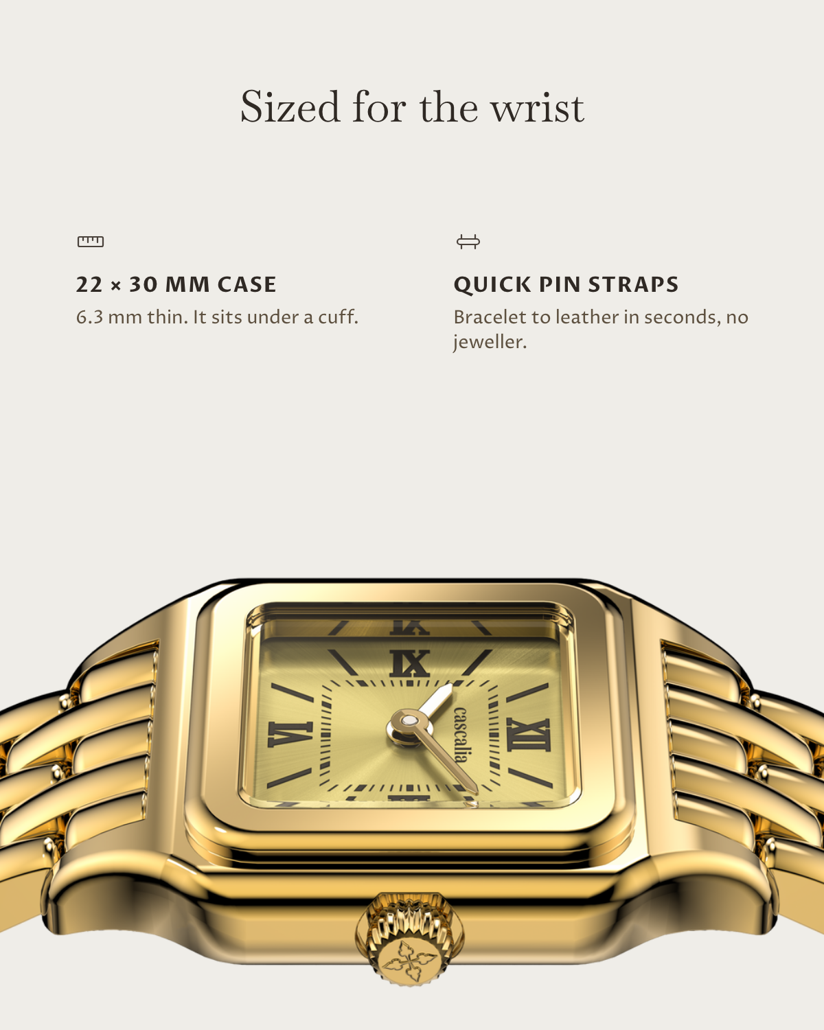 Lume Gold: 22 × 30 mm case, 6.3 mm thick