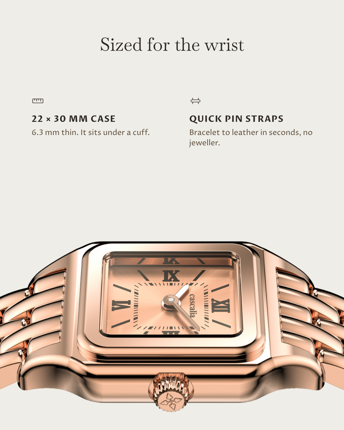 Lume Rosegold: 22 × 30 mm case, 6.3 mm thick