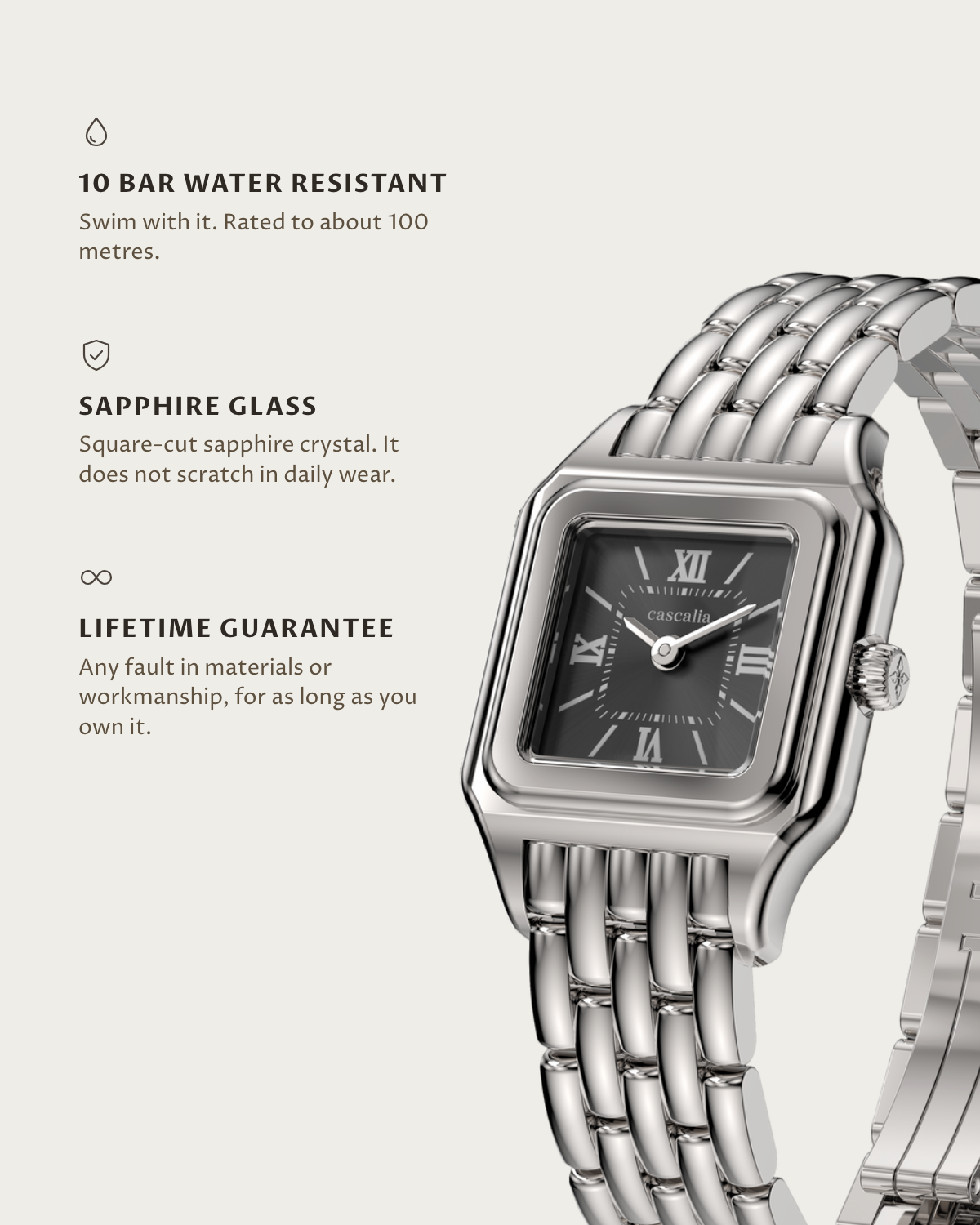 Lume Steel: 10 bar water resistant, sapphire glass, lifetime guarantee