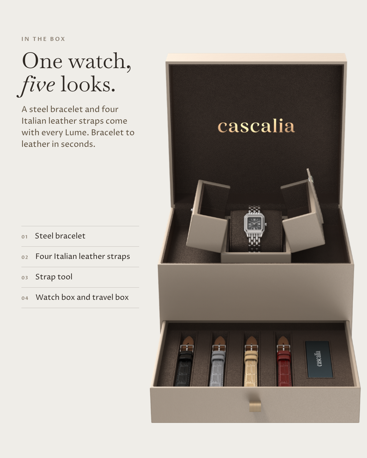 Lume Steel in the box: steel bracelet, four Italian leather straps, watch box and travel box