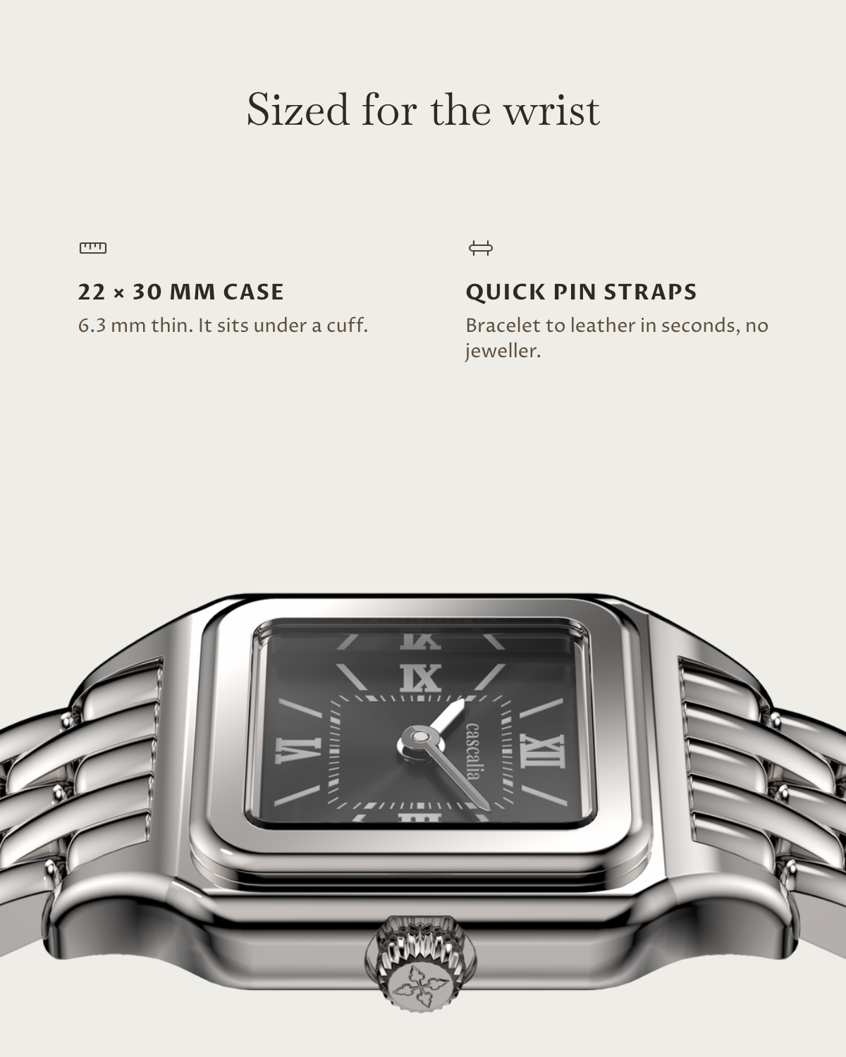Lume Steel: 22 × 30 mm case, 6.3 mm thick
