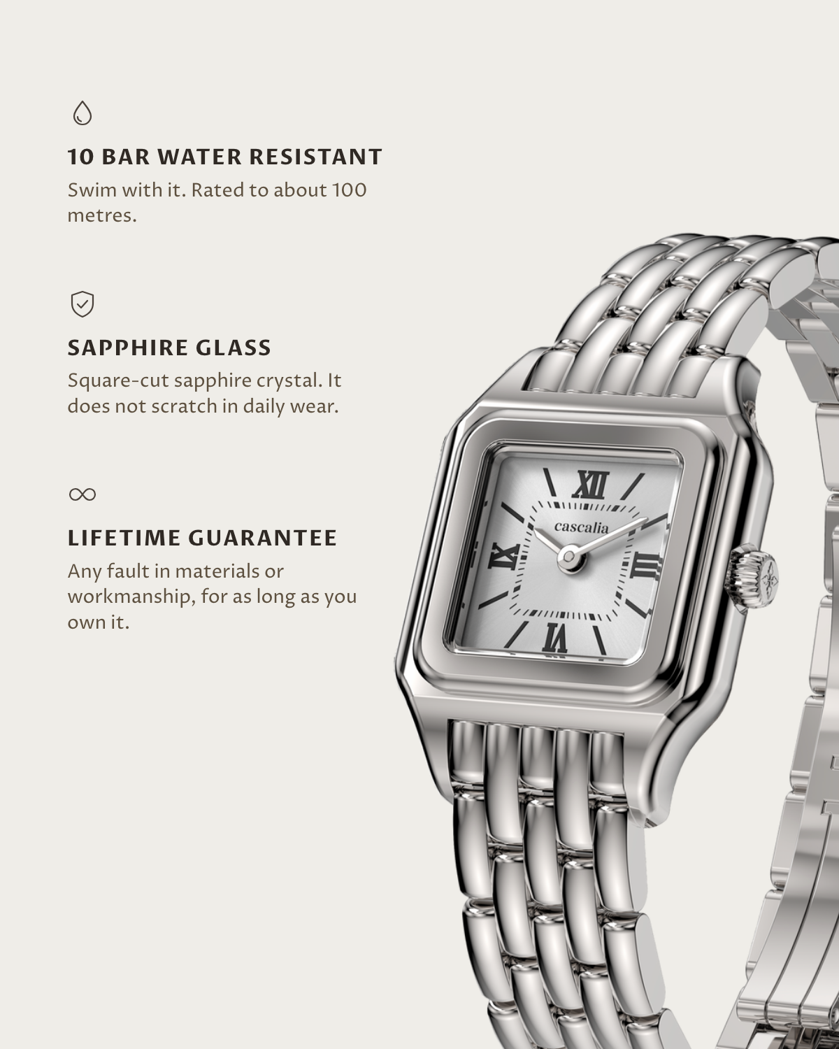 Lume Steel: 10 bar water resistant, sapphire glass, lifetime guarantee