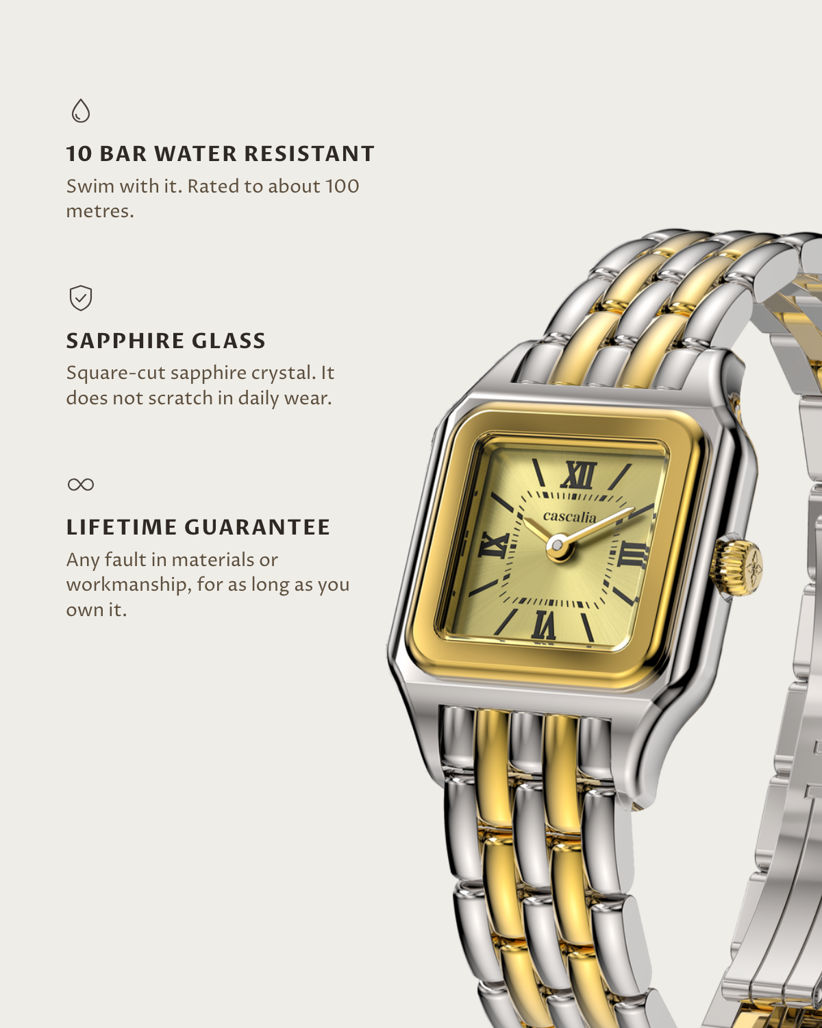 Lume two tone: 10 bar water resistant, sapphire glass, lifetime guarantee