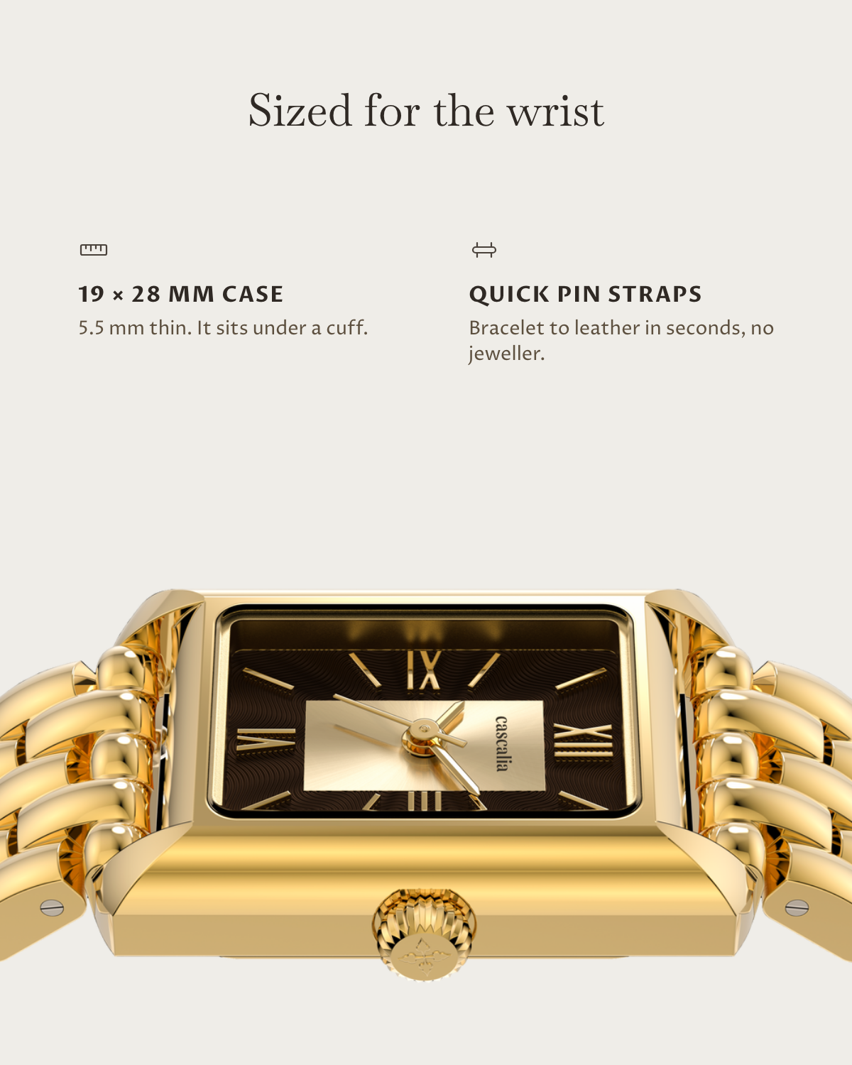 Muse Gold: 19 × 28 mm case, 5.5 mm thick