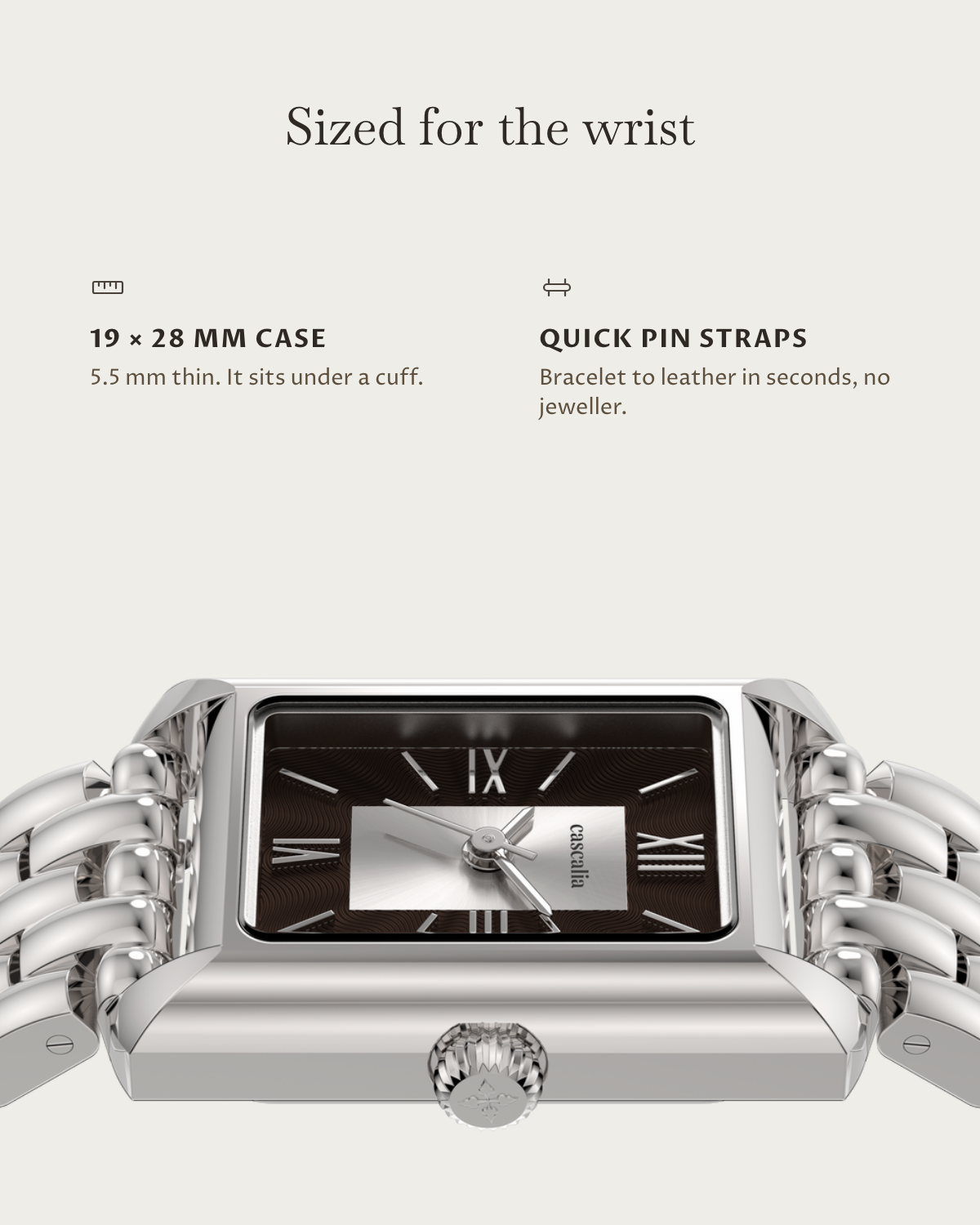 Muse Steel: 19 × 28 mm case, 5.5 mm thick