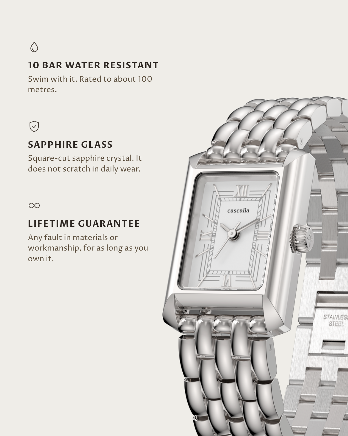 Muse Steel: 10 bar water resistant, sapphire glass, lifetime guarantee