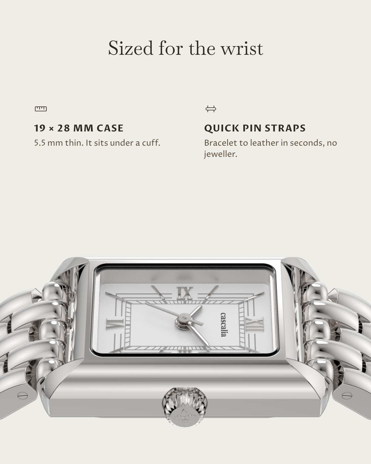 Muse Steel: 19 × 28 mm case, 5.5 mm thick