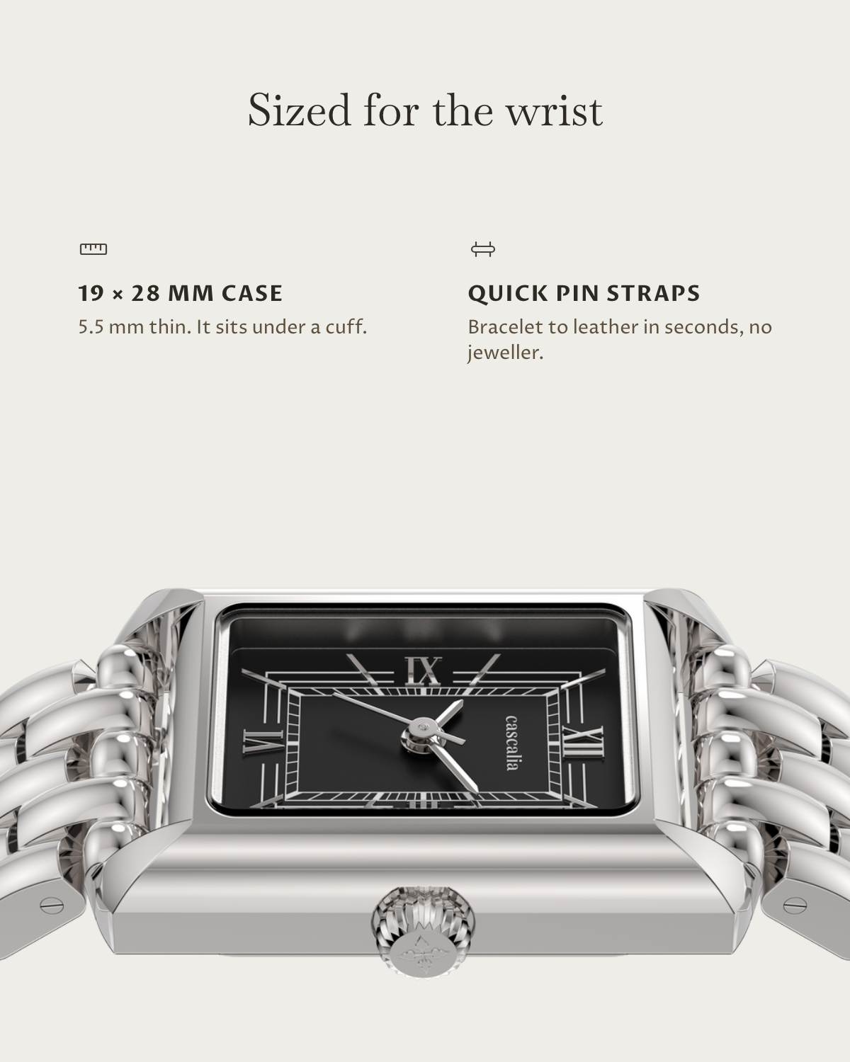 Muse Steel: 19 × 28 mm case, 5.5 mm thick