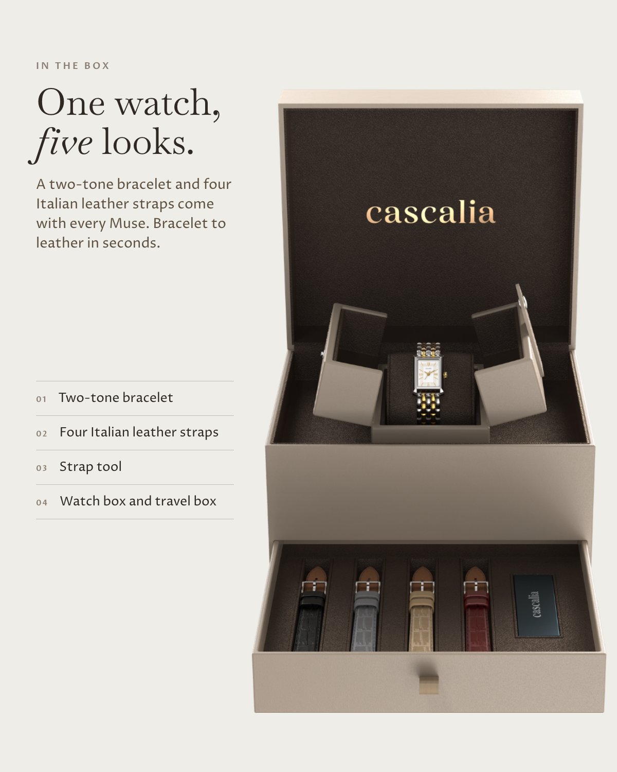 Muse Two tone in the box: two-tone bracelet, four Italian leather straps, watch box and travel box