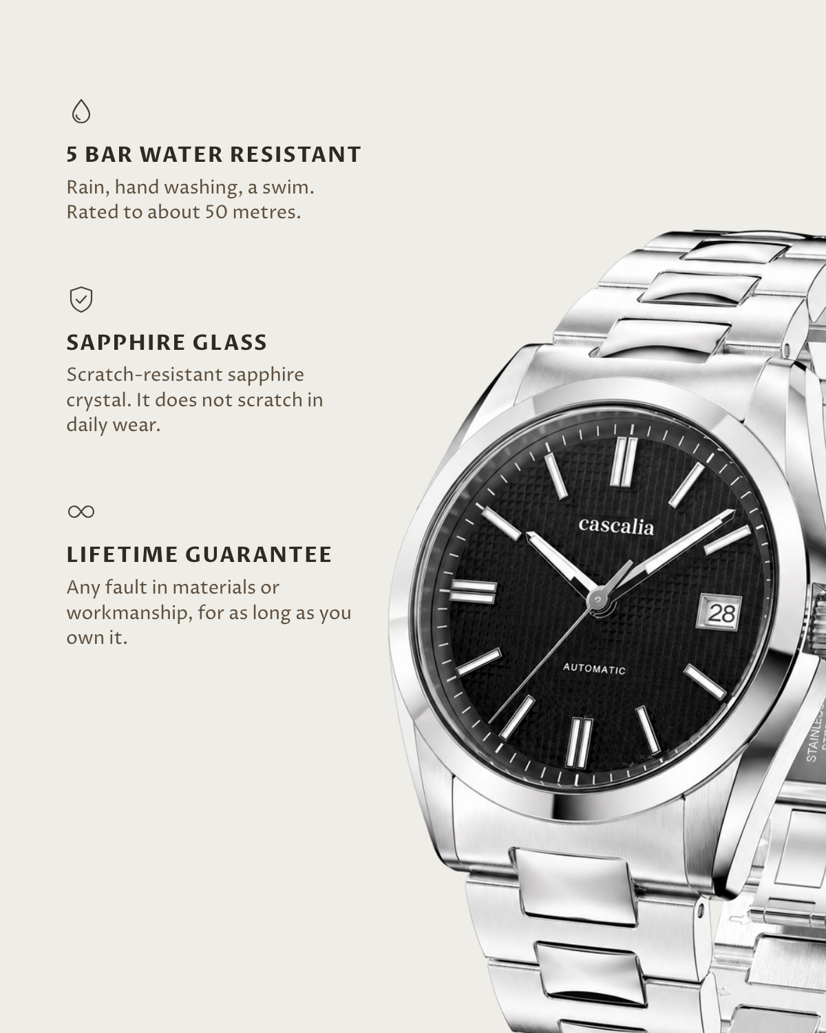 Solara Automatic Black: 5 bar water resistant, sapphire glass, lifetime guarantee