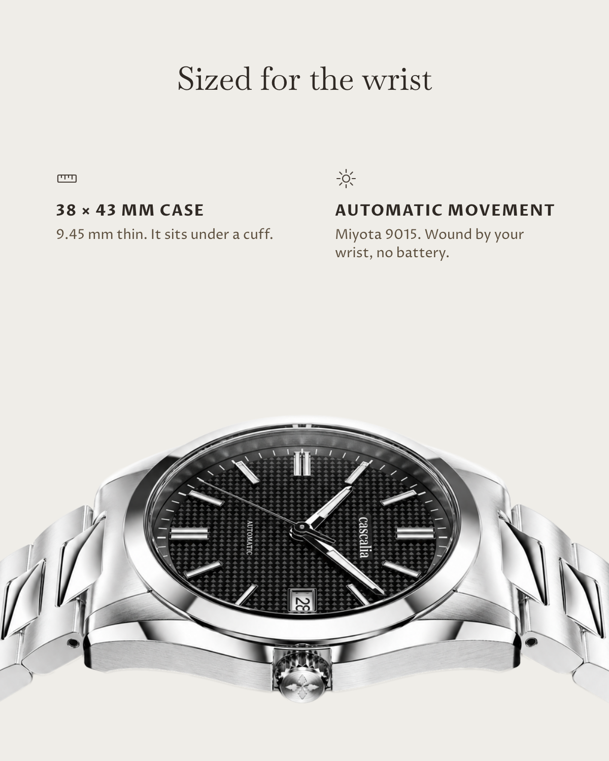 Solara Automatic Black: 38 × 43 mm case, 9.45 mm thick