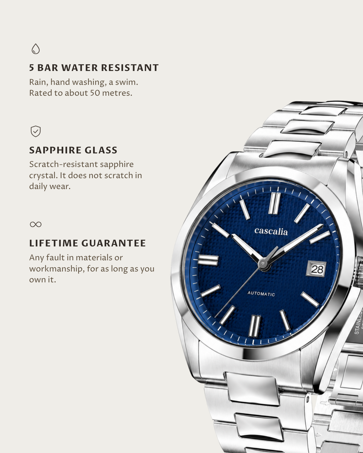 Solara Automatic Blue: 5 bar water resistant, sapphire glass, lifetime guarantee