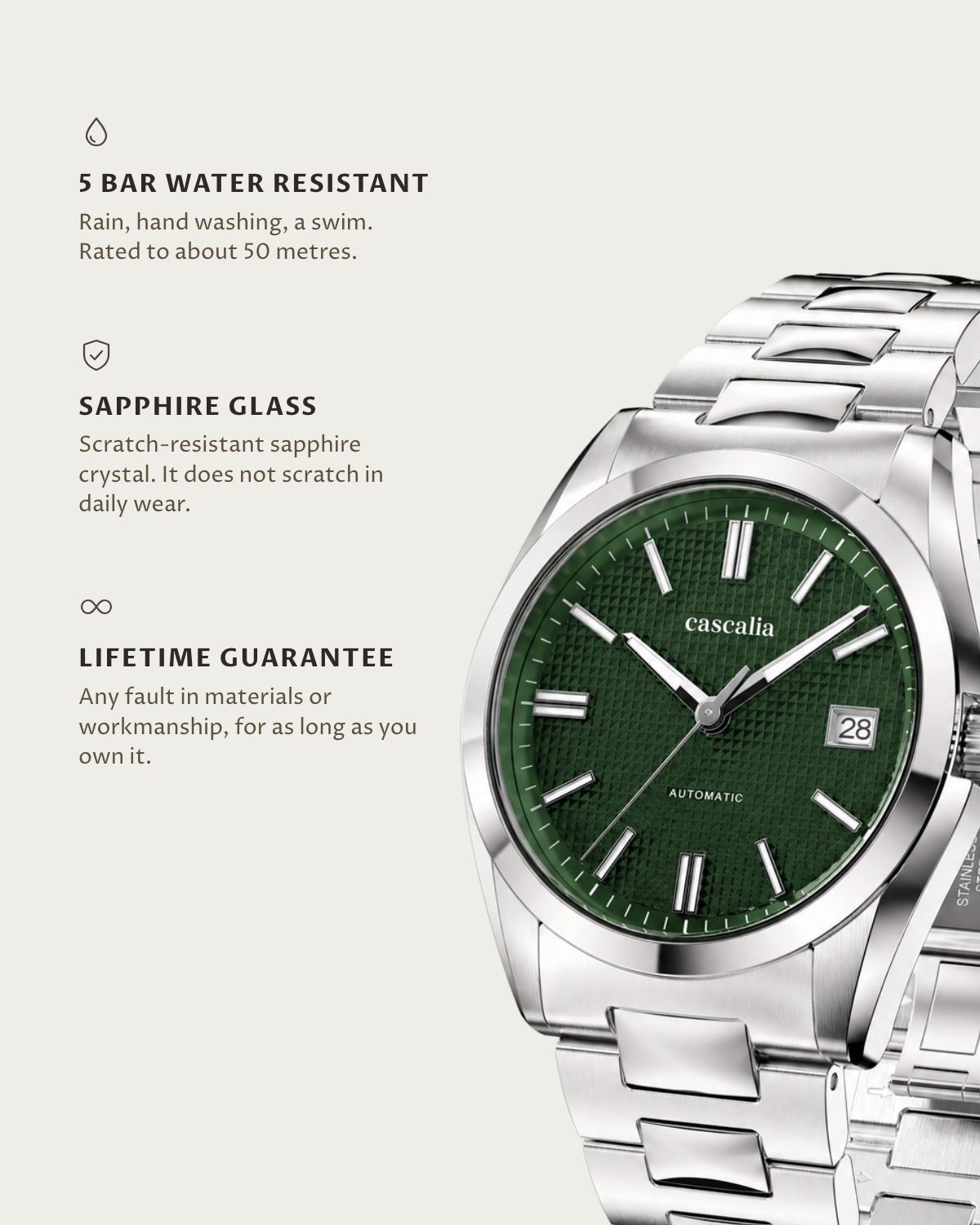 Solara Automatic Green: 5 bar water resistant, sapphire glass, lifetime guarantee